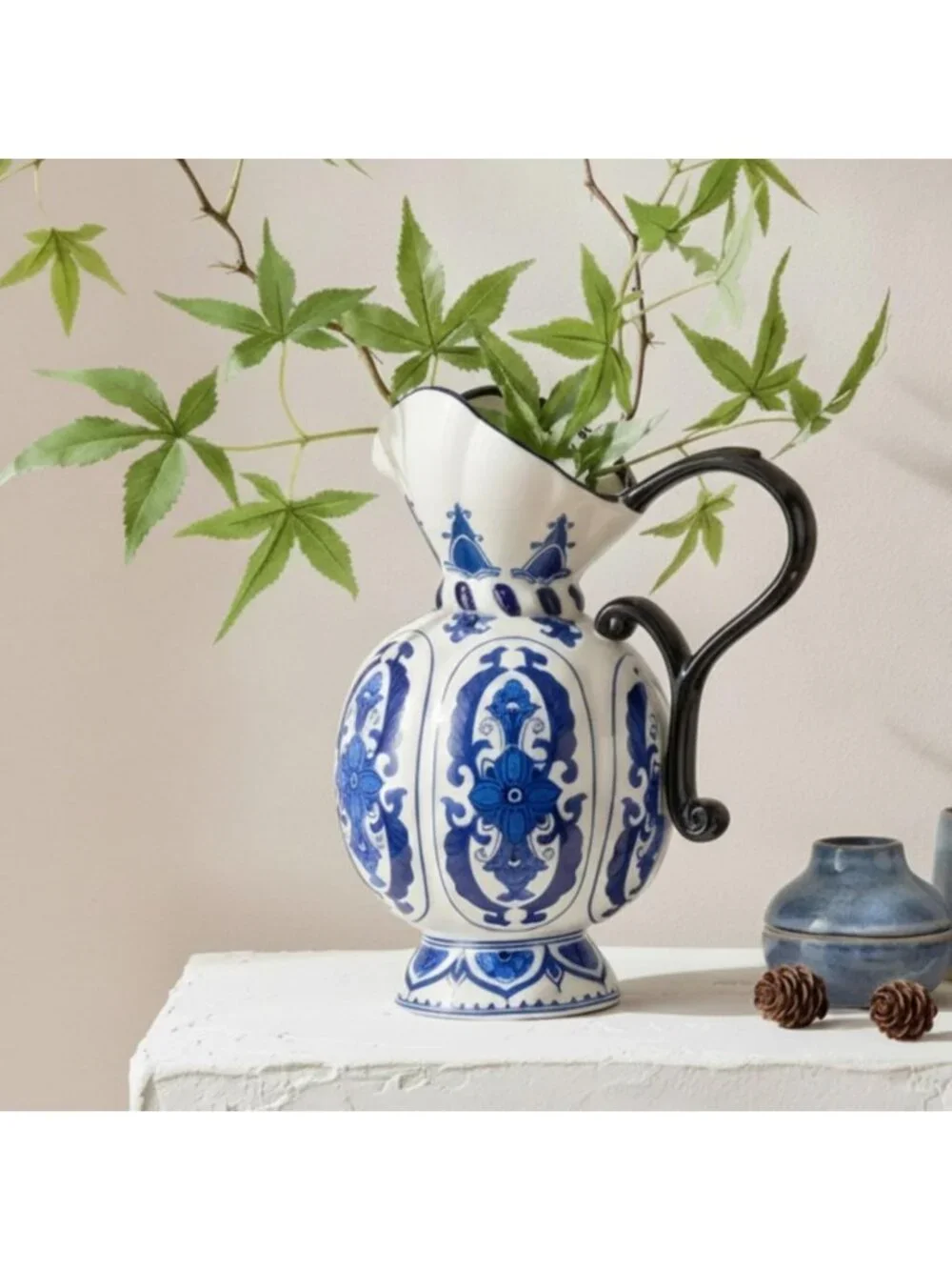 Chinoiserie Ceramic Blue & White Pitcher Vase with Handle - Elegant Home Decor